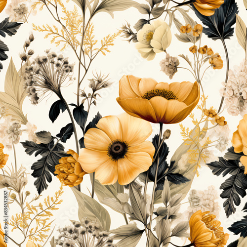 Exquisite seamless floral design featuring wildflowers and leaves  infused with water and ink color effects in clean tones  perfect for a luxury theme