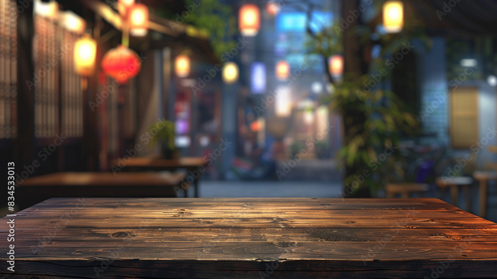 wooden table with a view of blurred restaurant background wooden table with a view of blurred restaurant background