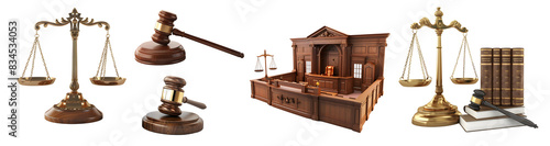 Supreme Court of Justice Law, Crime, Mallet, Gavel, Hammer, Scales, Bench, Law, Legal Services, Advice, Element cut out isolated with transference background photo