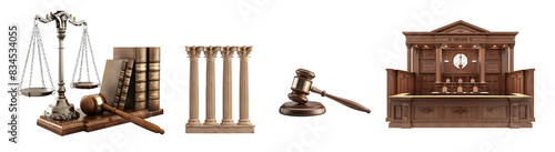 Supreme Court of Justice Law, Crime, Mallet, Gavel, Hammer, Scales, Bench, Law, Legal Services, Advice, Element cut out isolated with transference background
