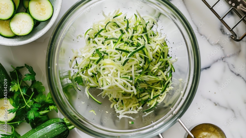 Obraz premium Bowl containing shredded zucchini for making fritters on a bright surface