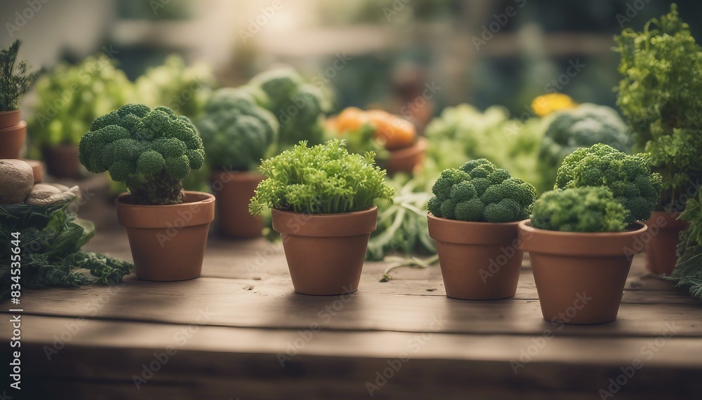 A wooden platform with several potted plants on it holding different kinds of vegetables including broccoli and carrots, arranged to create a visually appealing scene for gardeners. A wooden platform with several potted plants on it holding different kinds of vegetables including broccoli and carrots, arranged to create a visually appealing scene for gardeners.