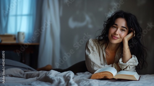 Jovem Falando com Deus no quarto, ela está jogada na cama maravilhada pela leitura diária da bíblia
