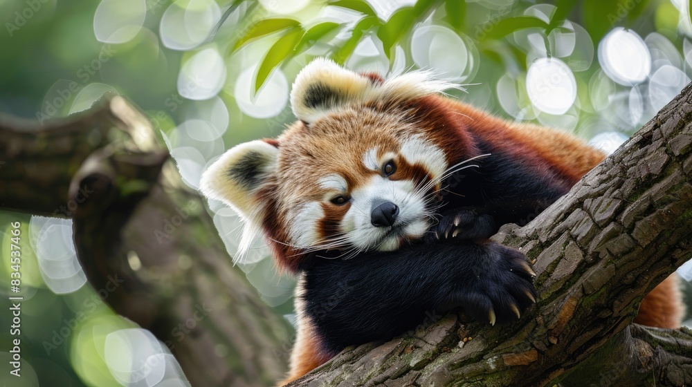 Red panda perched on a tree branch with sunlight Red panda perched on a tree branch with sunlight