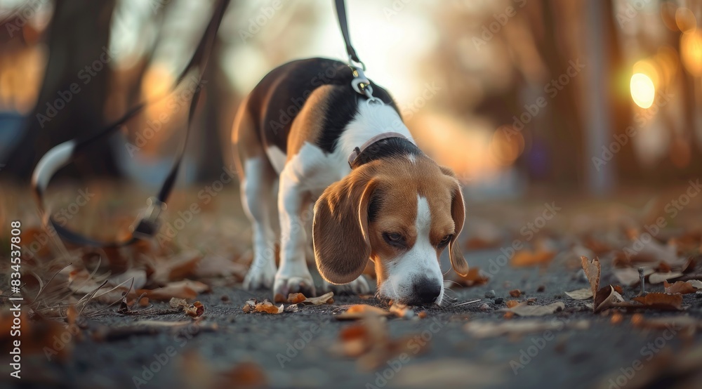 A beagle dog on a leash sniffing the ground A beagle dog on a leash sniffing the ground