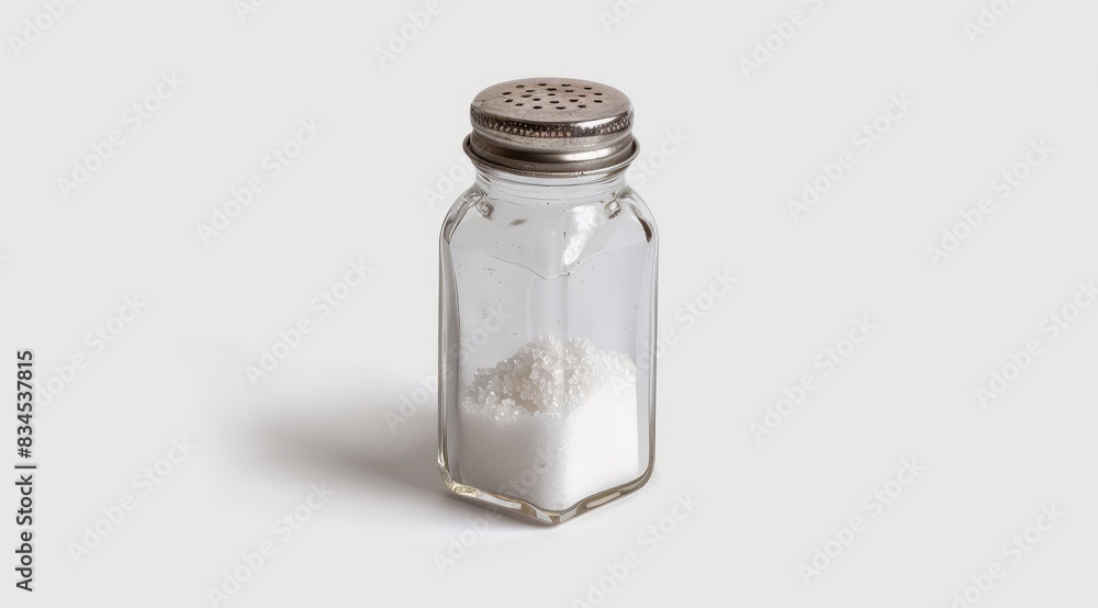 Salt shaker with coarse grains a white background