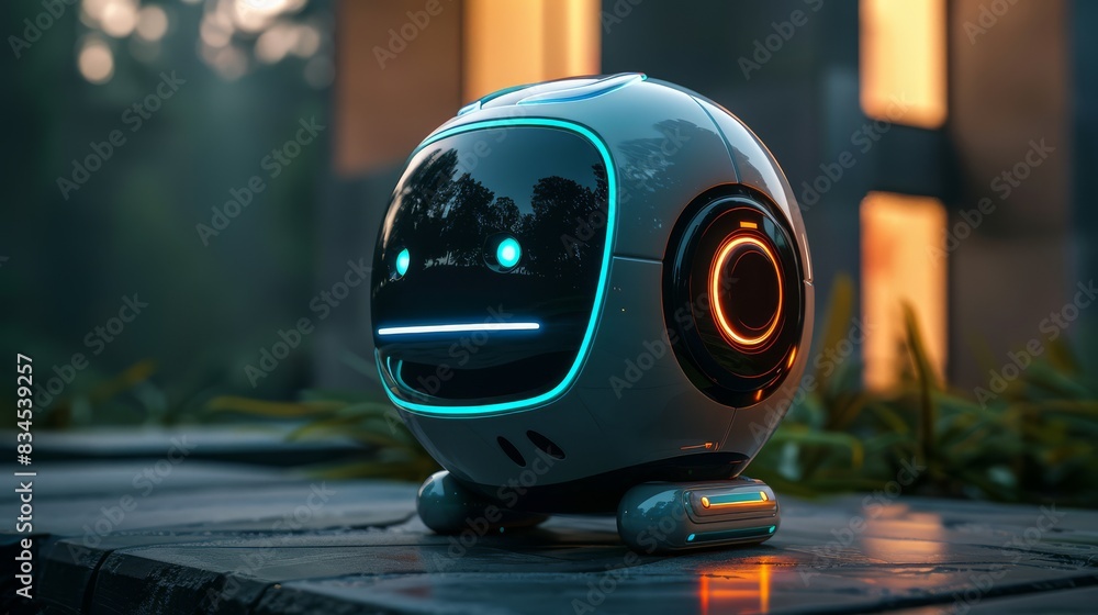 Adorable futuristic robot featuring glowing lights and a sleek design, standing outdoors in a modern setting.
Adorable futuristic robot featuring glowing lights and a sleek design, standing outdoors in a modern setting.