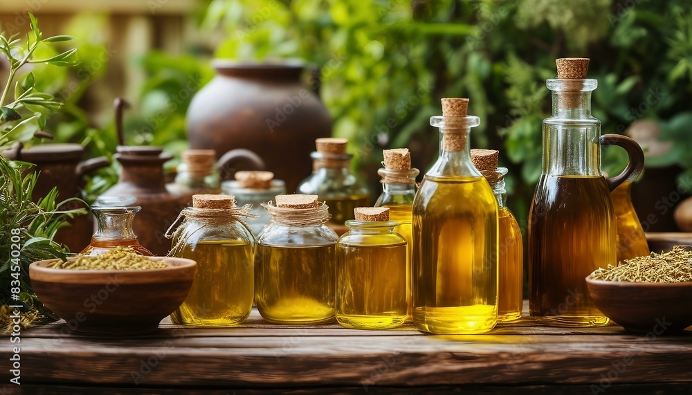 A wooden bench with several jars filled with oil in the background. A wooden bench with several jars filled with oil in the background.