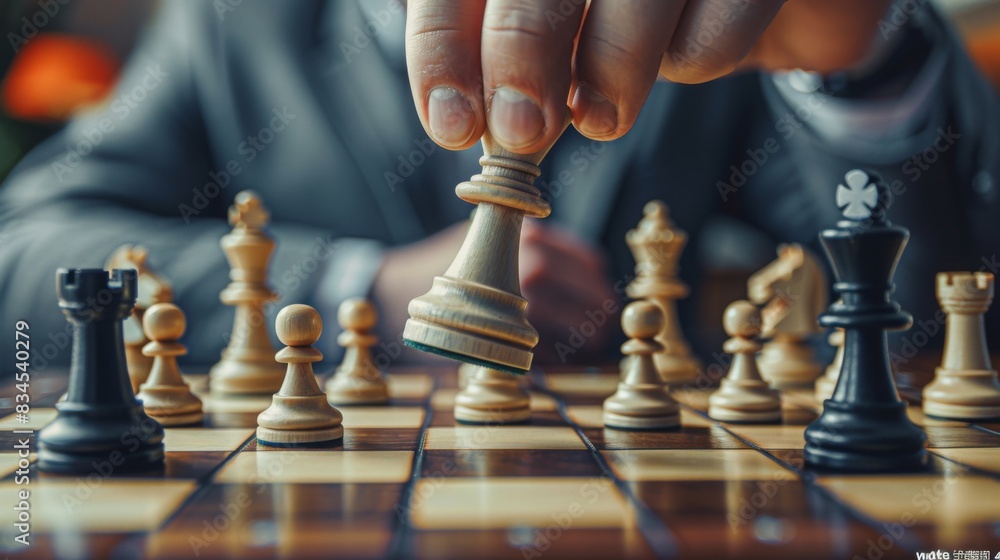 A hand moves a chess piece, symbolizing a business professional's strategic change and innovation. A hand moves a chess piece, symbolizing a business professional's strategic change and innovation.