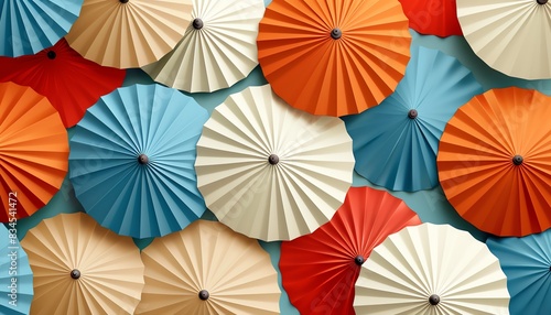Abstract vector illustration design, seamless background with paper umbrellas, turquoise blue, red orange, beige white, fall season banners and posters
