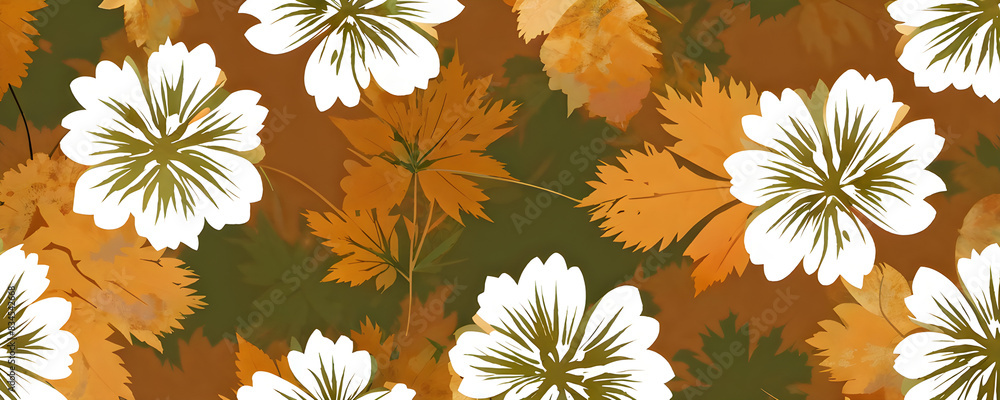 Seamless floral pattern with batik, tie-dye flower and leaf background elements in brown and green autumn colors Seamless floral pattern with batik, tie-dye flower and leaf background elements in brown and green autumn colors