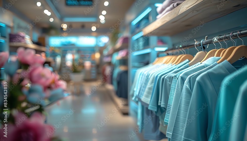 Front view of beautiful store interior, modern boutique shop, clothes on hangers, copy space, bright daylight, blurred background Front view of beautiful store interior, modern boutique shop, clothes on hangers, copy space, bright daylight, blurred background