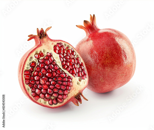 Pomegranate cut in half isolated on white background with clipping path, soft shadows and natural light. 