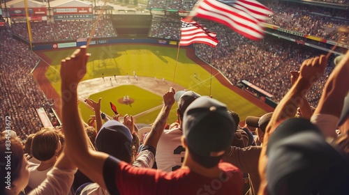 Cheerful crowd in stadium enjoying thrilling baseball game, with American flags waving in the background. © reels