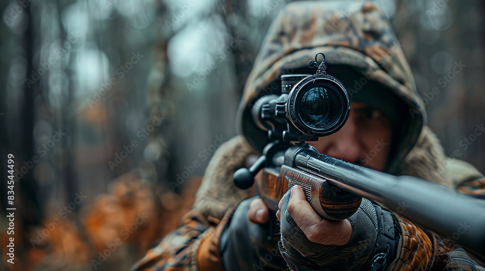 Fototapeta premium Close shot of a hunter aiming through a rifle's telescopic sight, forest surroundings softly out of focus