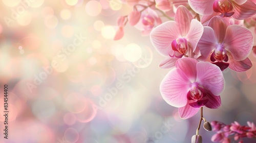orchid flowers in the corner over soft blur nature background copy space for text