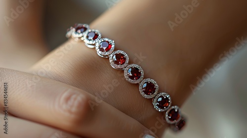 Close-up of a woman's hand wearing a garnet bracelet, highlighting the deep red stones and elegant design photo