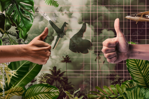 Harmonious Thumbs Up Blending Nature and Modernity with Airplanes, Tropical Leaves, and Grid Overlay photo