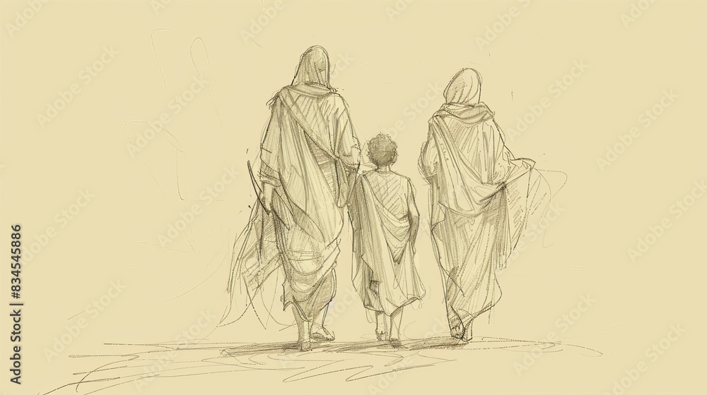 Obraz premium Biblical Illustration of Genesis 35: Jacob's Return to Bethel, Deaths of Rachel and Isaac, God's Covenant Renewal with Jacob on Beige Background with Copyspace for Themes of Covenant Renewal and Loss