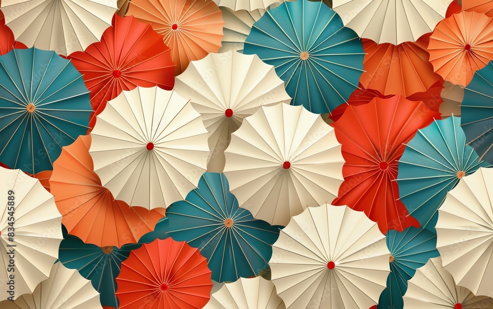Naklejka premium Vector illustration design of abstract seamless background, paper umbrellas pattern, fall season colors, turquoise blue, red orange, beige white, ideal for banners and posters