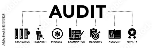 Audit banner icons set.  Vector graphic glyph style with icon of standards, research, process, examination, objective, account, and quality