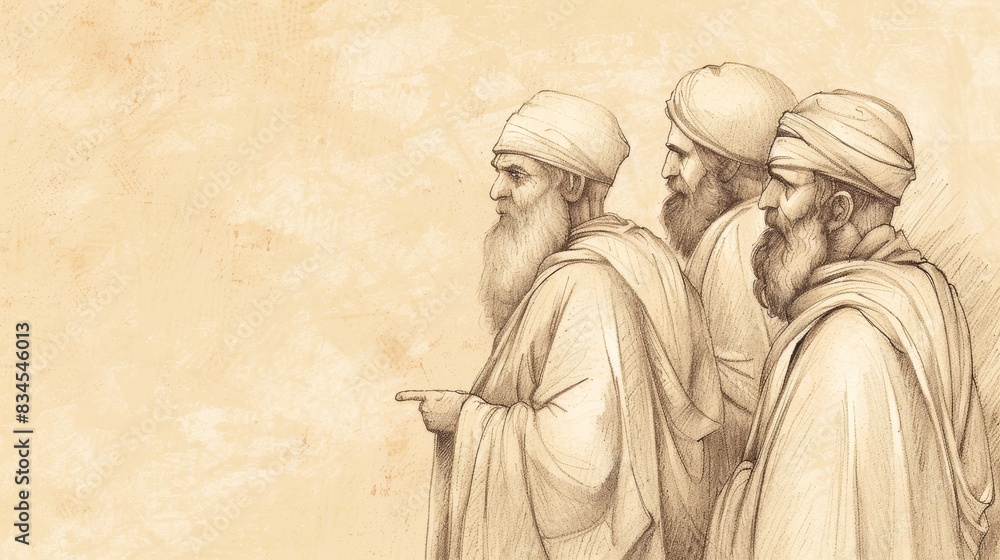 Fototapeta premium Biblical Illustration of Job 18: Bildad's second speech, describing fate of the wicked, implying Job's suffering due to wrongdoing, Beige Background, copyspace