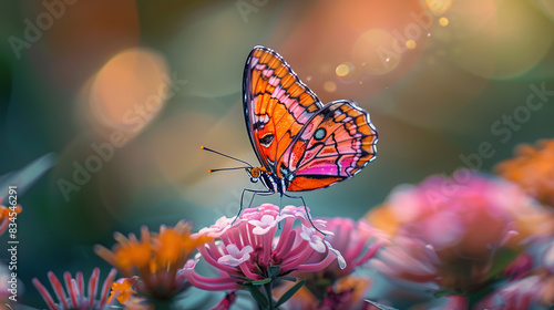 Wallpaper Mural A vibrant butterfly with orange and pink wings perched on delicate flowers, macro photography style Torontodigital.ca