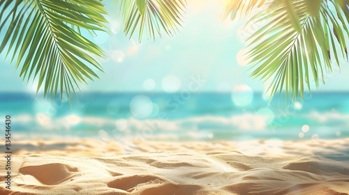 Wide panoramic scene of a serene beach with golden sand and softly blurred palm leaves  ideal for a summer banner