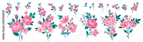 Set of rose bouquets for decoration greeting cards and design fabric