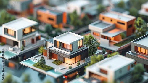 Close-up, detailed 3D illustration of a group of modern houses, showcasing elegant, minimalist design and contemporary materials