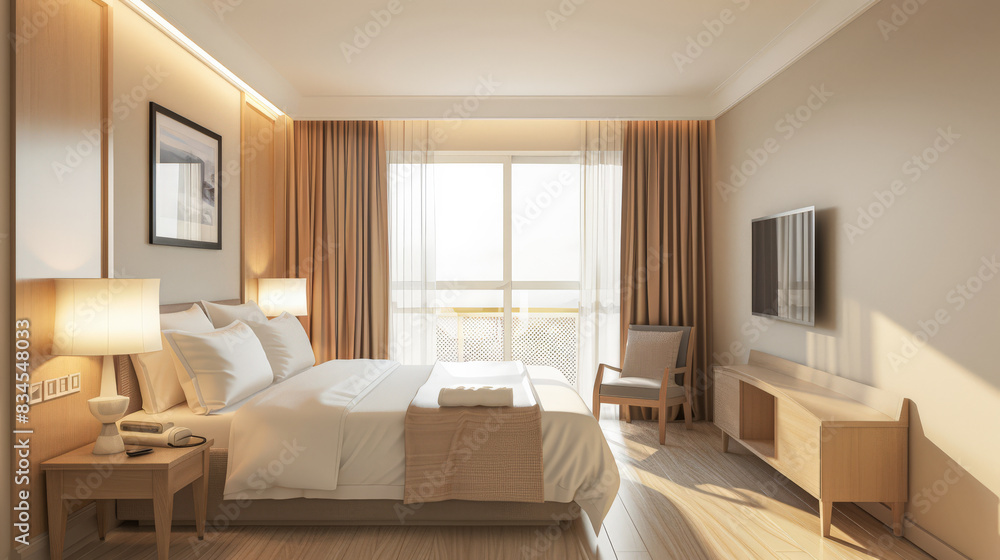 Fototapeta premium Serene hotel room interiors with natural light and warm tones. Hotel interior design composition with minimal decor.