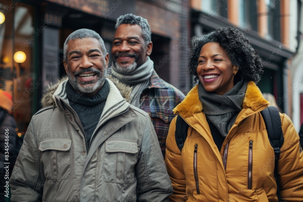 Happy african american couple in winter clothes walking in the city Happy african american couple in winter clothes walking in the city