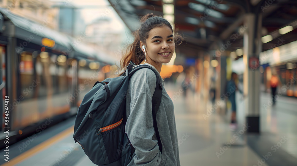 Fototapeta premium A beautiful woman with a backpack is waiting for the subway at the subway station. She is smiling and turning back with her headphones