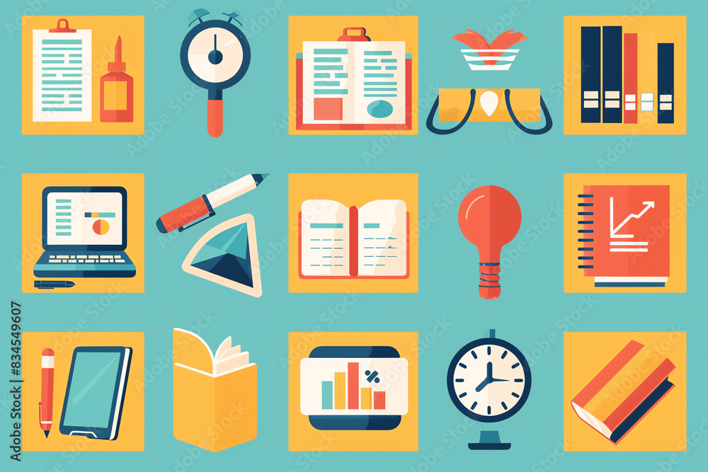 virtual study aids icons flat design side view remote education theme ...