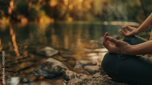 A close-up of a person meditating in a peaceful natural setting  highlighting the mindfulness aspect of yoga  Meditation Close-up  hd  with copy space  inscription International Yo