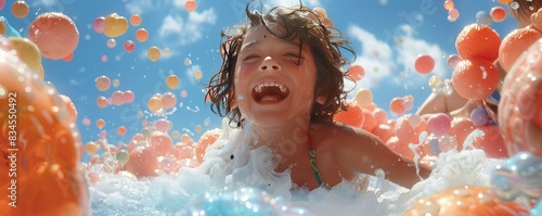 Joyful child submerged in a sea of colorful bubbles. photo