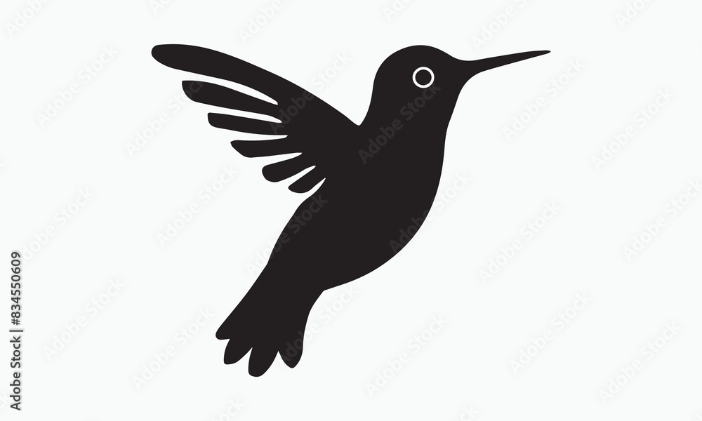 Fototapeta premium Black silhouette illustration of a flying hummingbird on white background.