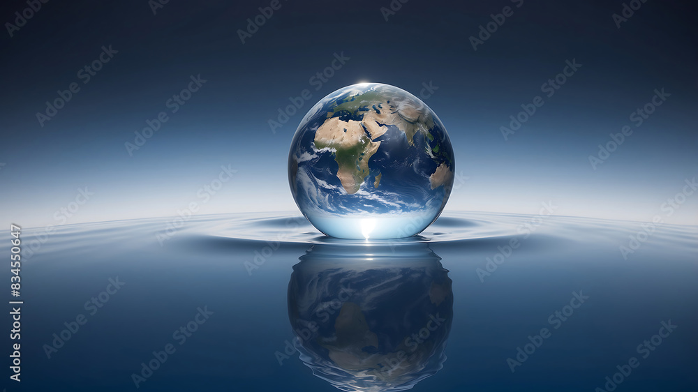 World environment day, A water droplet above a reflective water surface contains an image of the Earth, emphasizing the planet's continents and oceans World environment day, A water droplet above a reflective water surface contains an image of the Earth, emphasizing the planet's continents and oceans