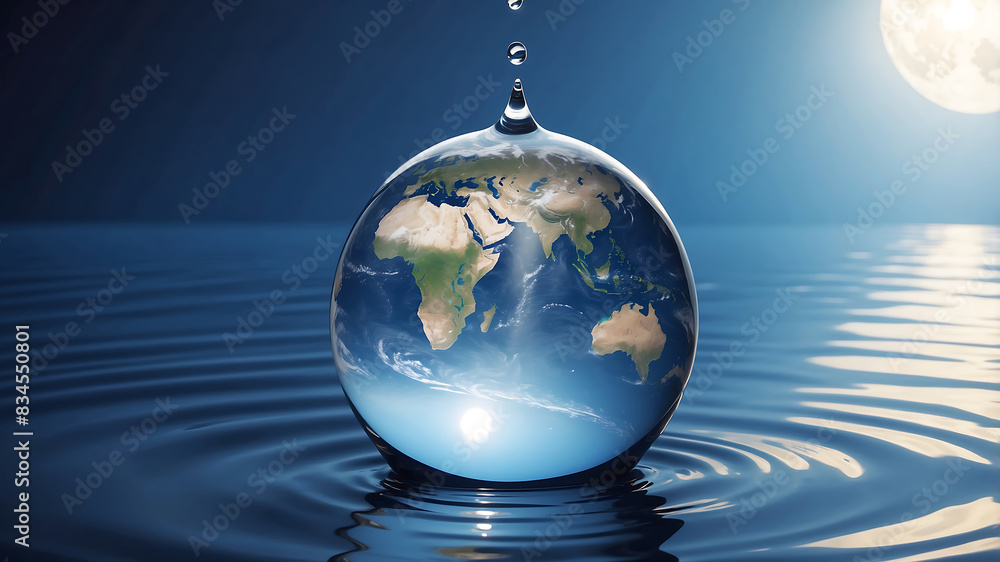 World environment day, A water droplet above a reflective water surface contains an image of the Earth, emphasizing the planet's continents and oceans