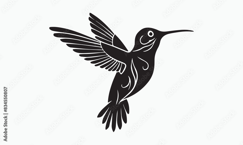 Black silhouette illustration of a flying hummingbird on white background. Black silhouette illustration of a flying hummingbird on white background.