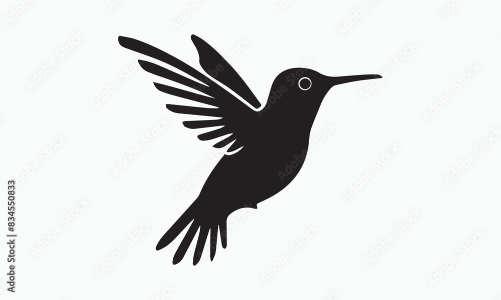 Fototapeta premium Black silhouette illustration of a flying hummingbird on white background.