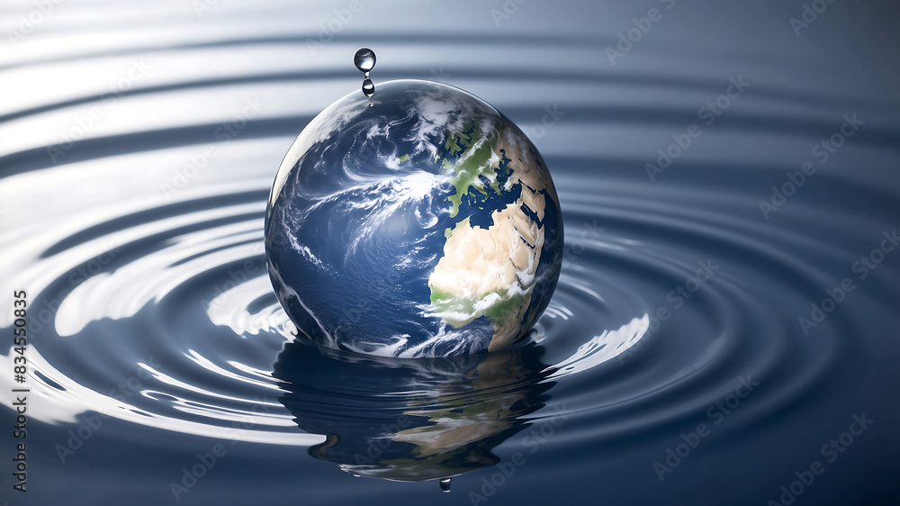 World environment day, A water droplet above a reflective water surface contains an image of the Earth, emphasizing the planet's continents and oceans World environment day, A water droplet above a reflective water surface contains an image of the Earth, emphasizing the planet's continents and oceans