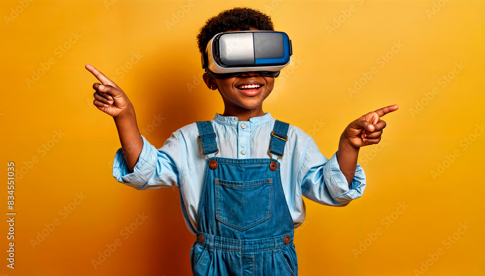 Child in virtual reality headset pointing, against an orange background. Technology and education concept. Ideal for tech businesses, educational content, and marketing. Copy space available. Child in virtual reality headset pointing, against an orange background. Technology and education concept. Ideal for tech businesses, educational content, and marketing. Copy space available.