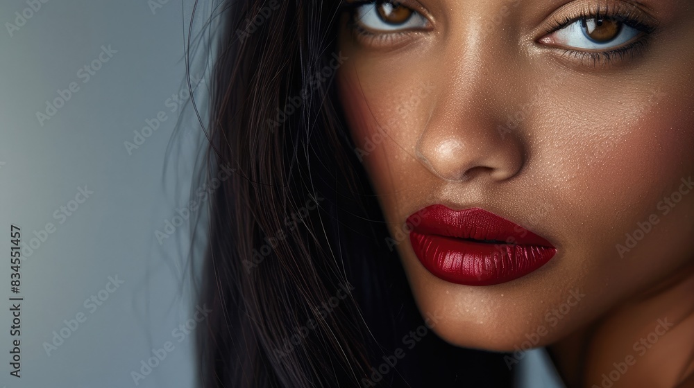 Female model with flawless skin sleek hair and deep red lips Female model with flawless skin sleek hair and deep red lips