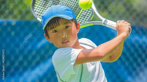 A young boy hitting a tennis ball with a tennis racket. Tennis professional school for kids photo