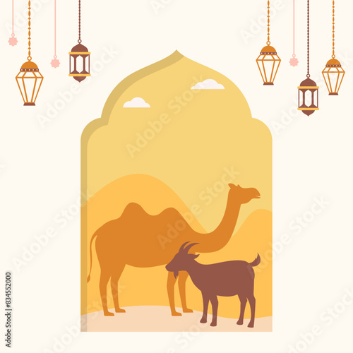 Flat design of Eid Al-Adha Mubarak greeting postcard illustration