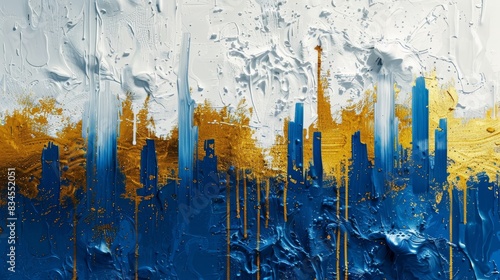 Abstract depiction of urban skyscrapers with gold and blue dripping paint on a white and blue background, conveying a sense of movement and creativity photo