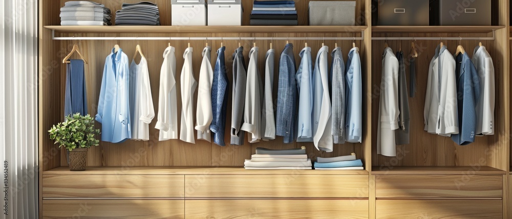 A minimalist wardrobe with blank hangers, reminding professionals to dress for success. Save money by curating a versatile wardrobe. A minimalist wardrobe with blank hangers, reminding professionals to dress for success. Save money by curating a versatile wardrobe.