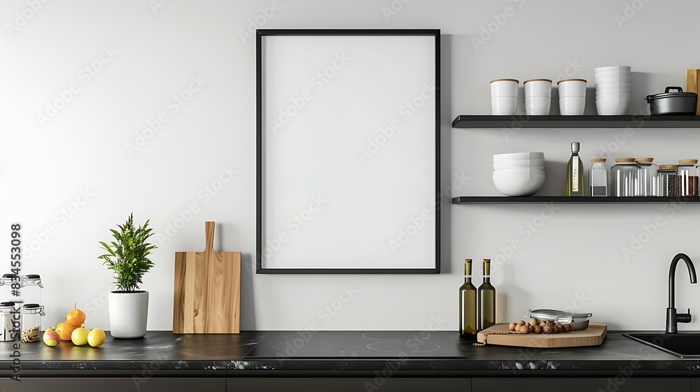 Modern Kitchen Cabinet Shelf Mockup with Glossy Small Size Black Border Frame on Wall Background - 3D Rendering Modern Kitchen Cabinet Shelf Mockup with Glossy Small Size Black Border Frame on Wall Background - 3D Rendering