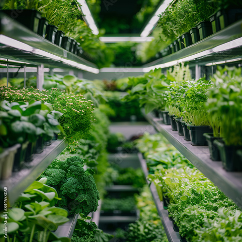 Vertical farm facility, showcasing rows of leafy greens and herbs growing vertically in stacked layers under artificial lighting, sustainable farming practices for urban agriculture food production .